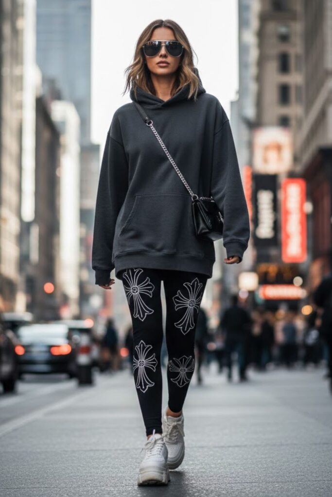 1. Chrome Heart Leggings with Oversized Hoodie and Sneakers