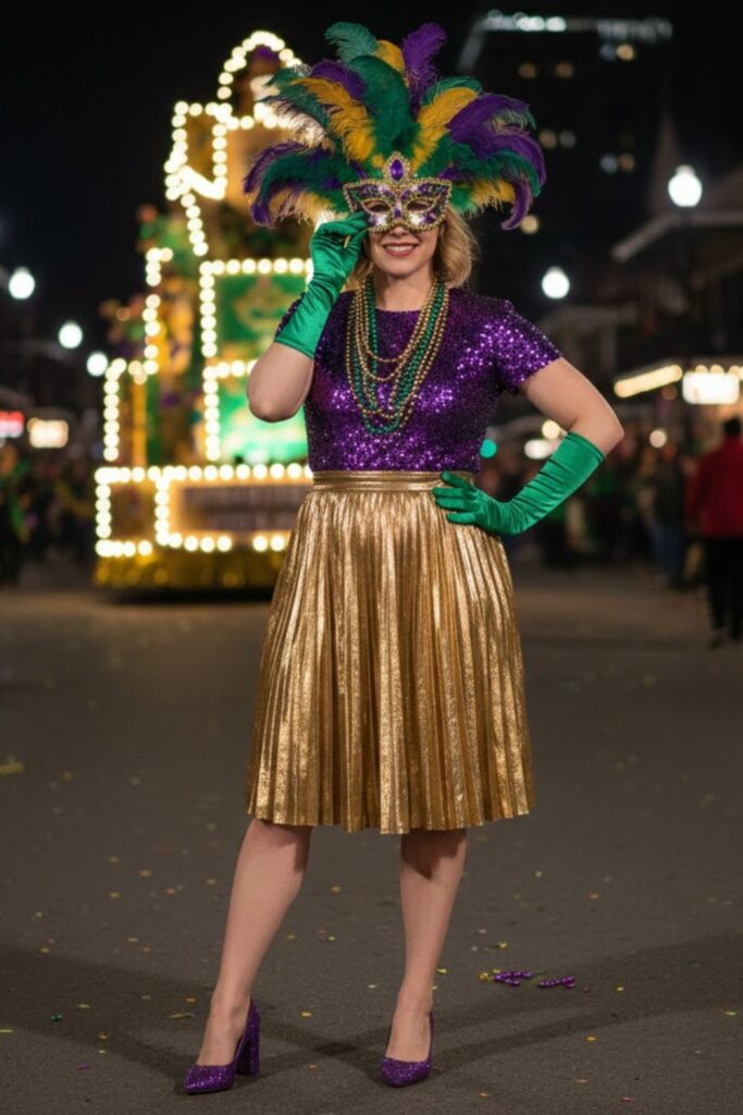 1. Classic Purple, Green, and Gold Ensemble