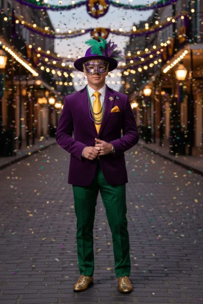 1. Classic Purple, Green, and Gold Suit