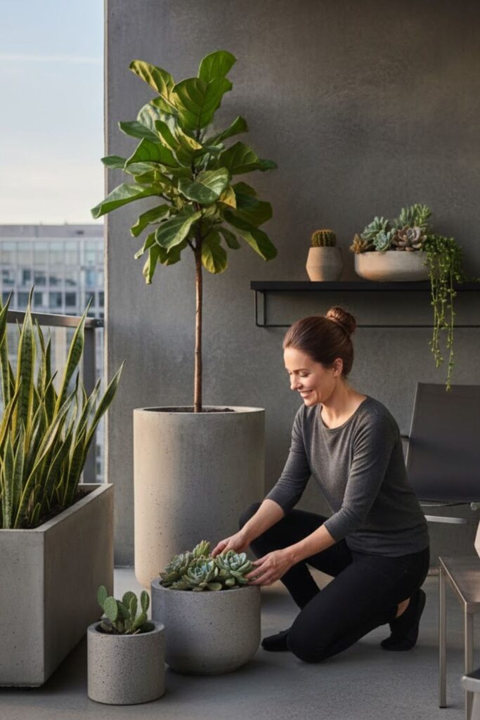 1. Concrete Planters with Sculptural Greenery