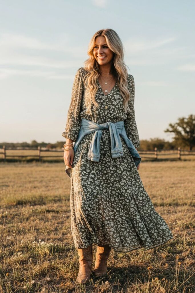 1. Cowboy Boots With Flowy Maxi Dress
