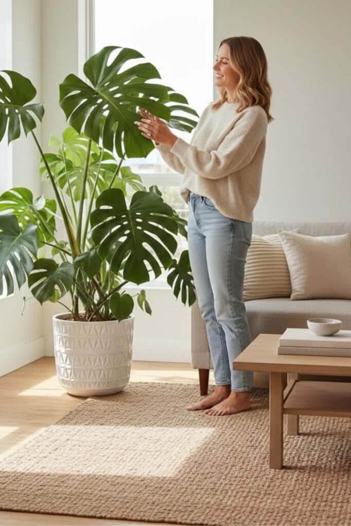 1. Create a Living Room Focal Point with a Large Monstera