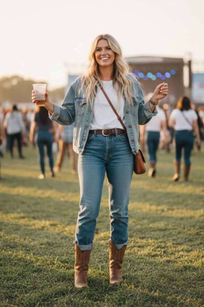 1. Denim jacket, white tee, and cowboy boots