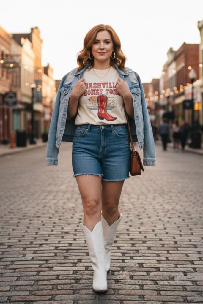1. Denim shorts, graphic tee, and white cowboy boots
