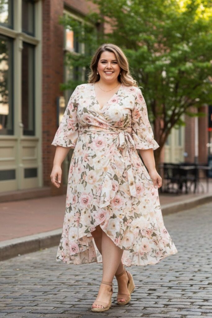 1. Floral Wrap Dress with Neutral Wedges