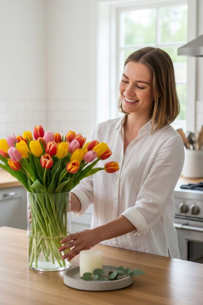 1. Glass Cylinder Vase with Fresh Tulips