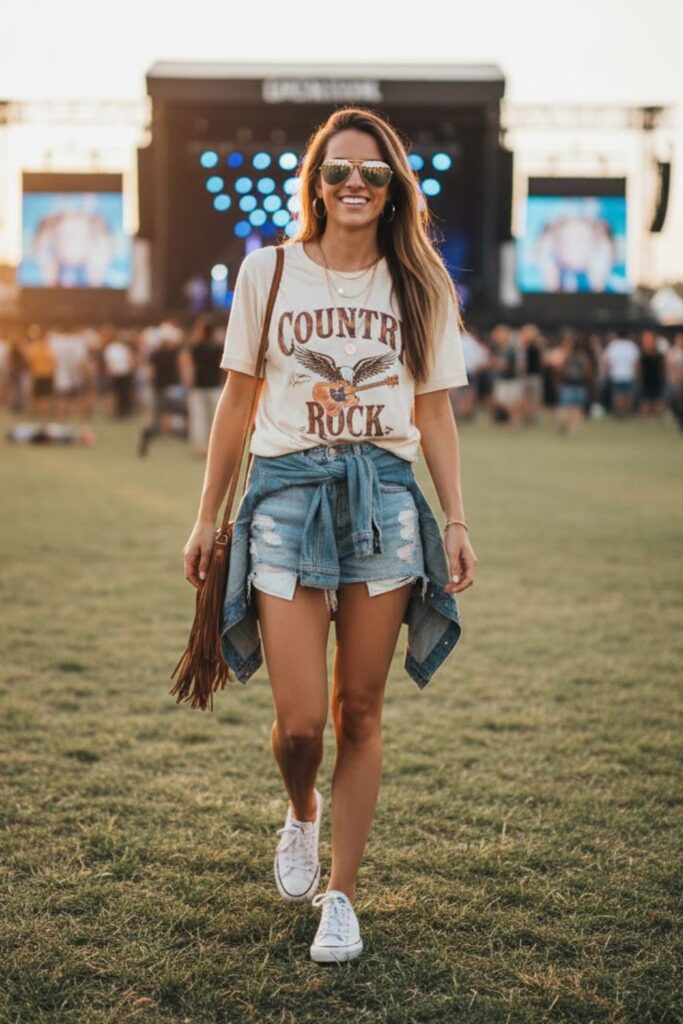 1. Graphic Tee with Denim Shorts and Sneakers