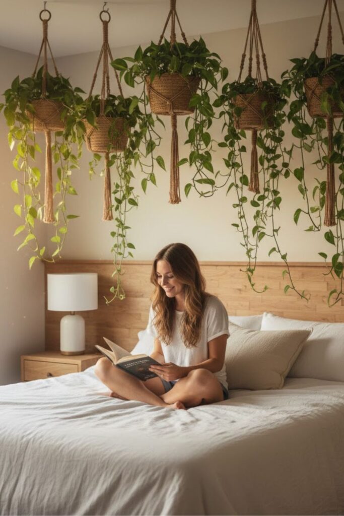 1. Hanging Greenery Above the Bed