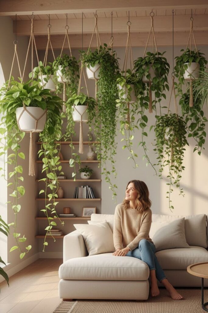 1. Hanging Potted Plants in Living Rooms