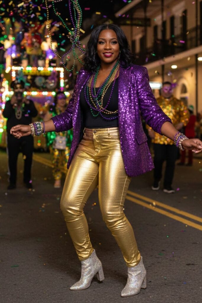 1. Purple Sequin Blazer with Black Bodysuit and Metallic Trousers