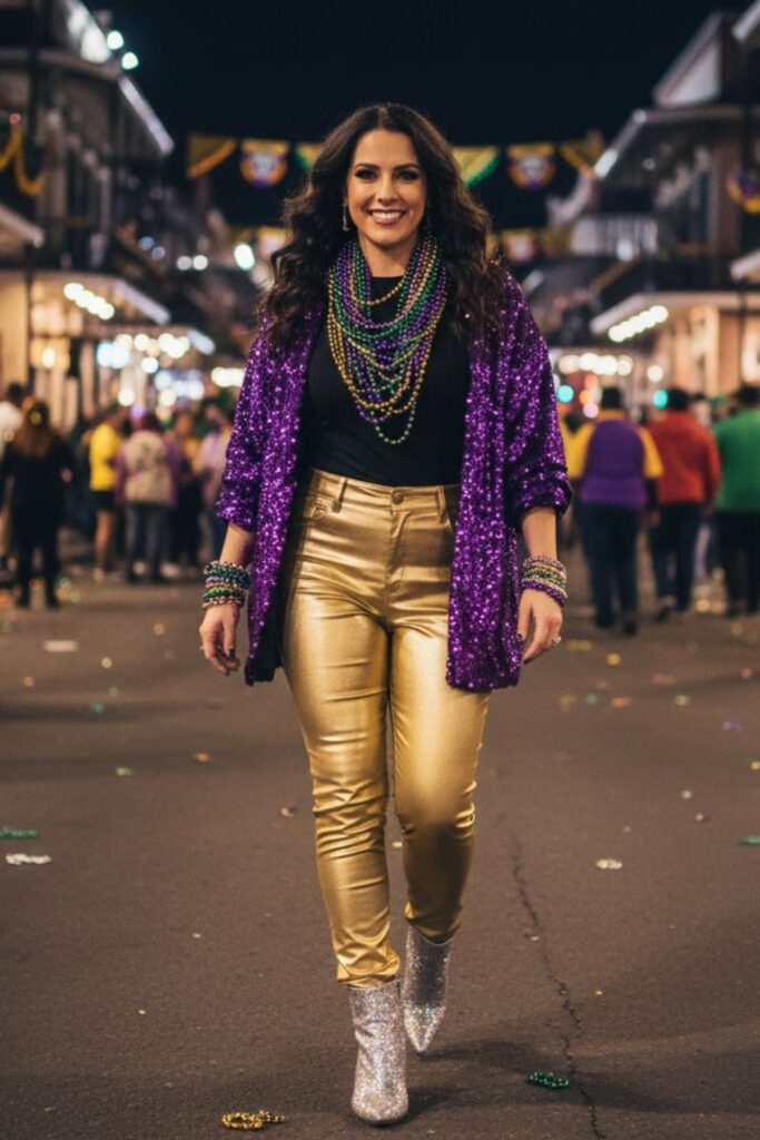 1. Purple Sequin Jacket with Black Bodysuit and Metallic Pants