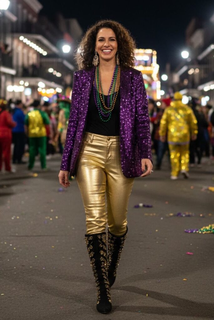 1. Purple Sequin Jacket with Black Bodysuit and Metallic Pants
