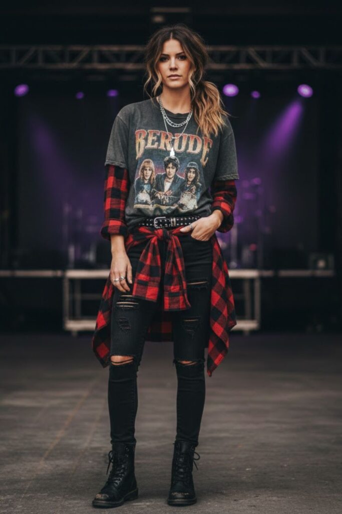 1. Ripped Black Jeans with an Oversized Band Tee