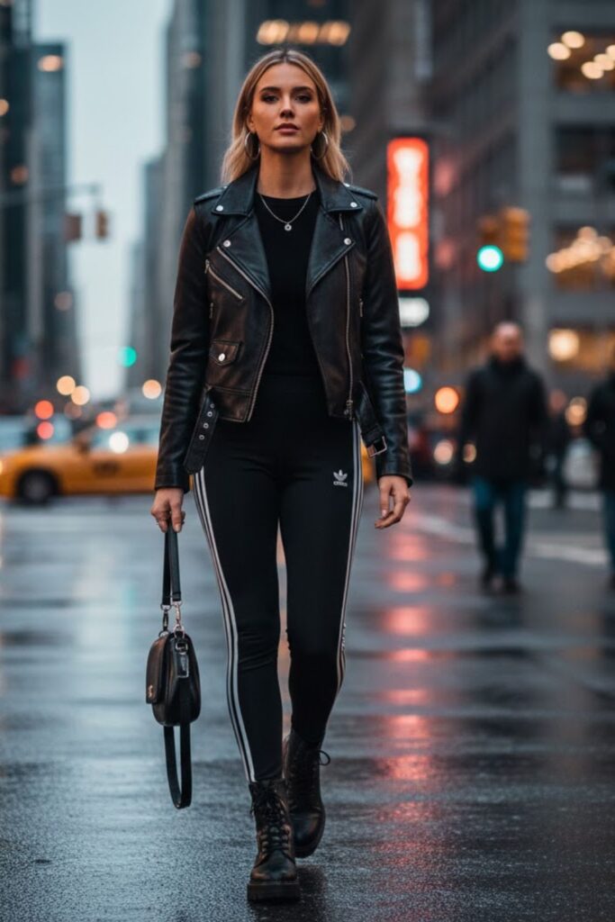 10. Adidas Leggings with Leather Jacket