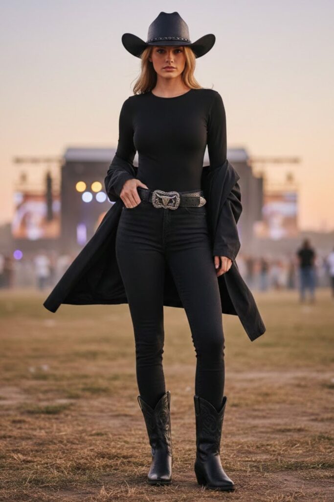 10. All-black with western accessories