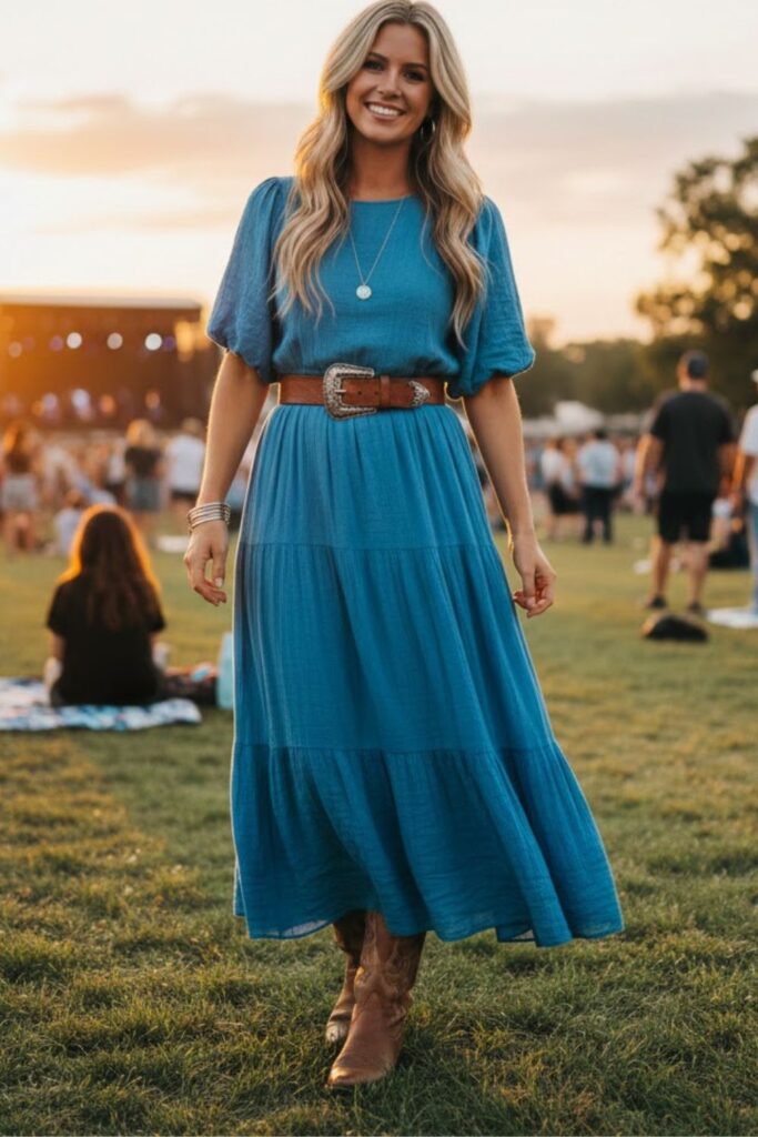 10. Blue Maxi Dress with Western Belt