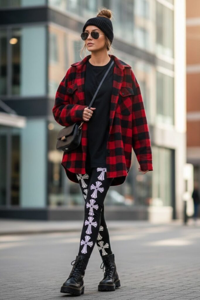 10. Chrome Heart Leggings with Oversized Flannel Shirt