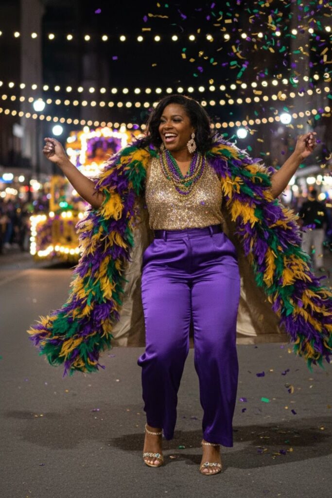 10. Feathered Capelet with Satin Pants and Glitter Top