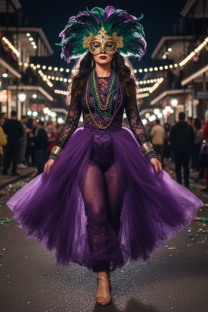 10. Feathered Mask with Lace Bodysuit and Tulle Pants