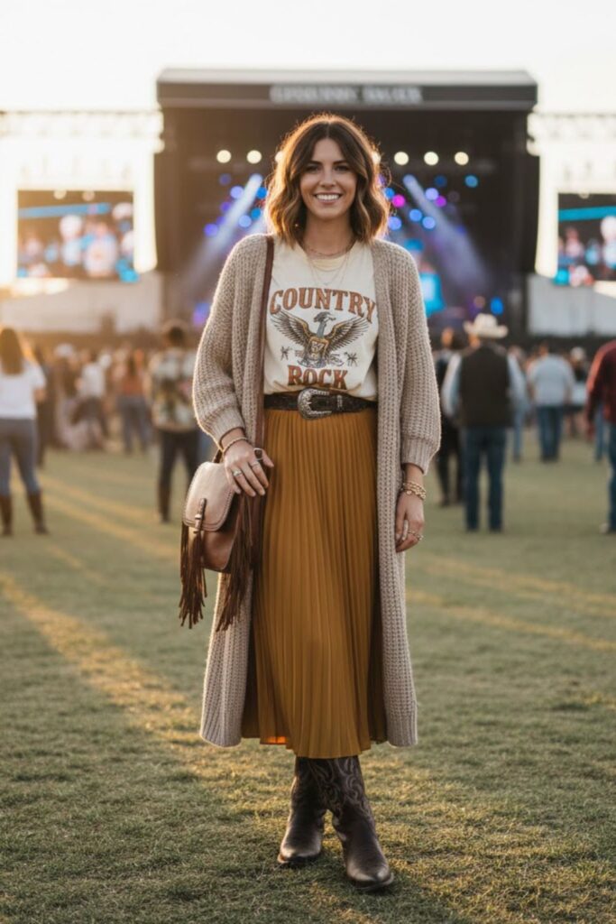 10. Graphic Tee with Cardigan and Midi Skirt
