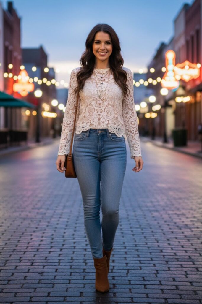 10. Lace top with high-rise jeans
