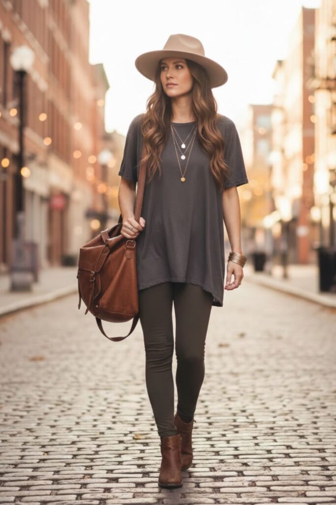 10. Leggings with Oversized T‑Shirt and Fedora