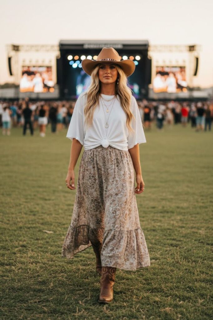 10. Oversized T-Shirt with Maxi Skirt and Hat