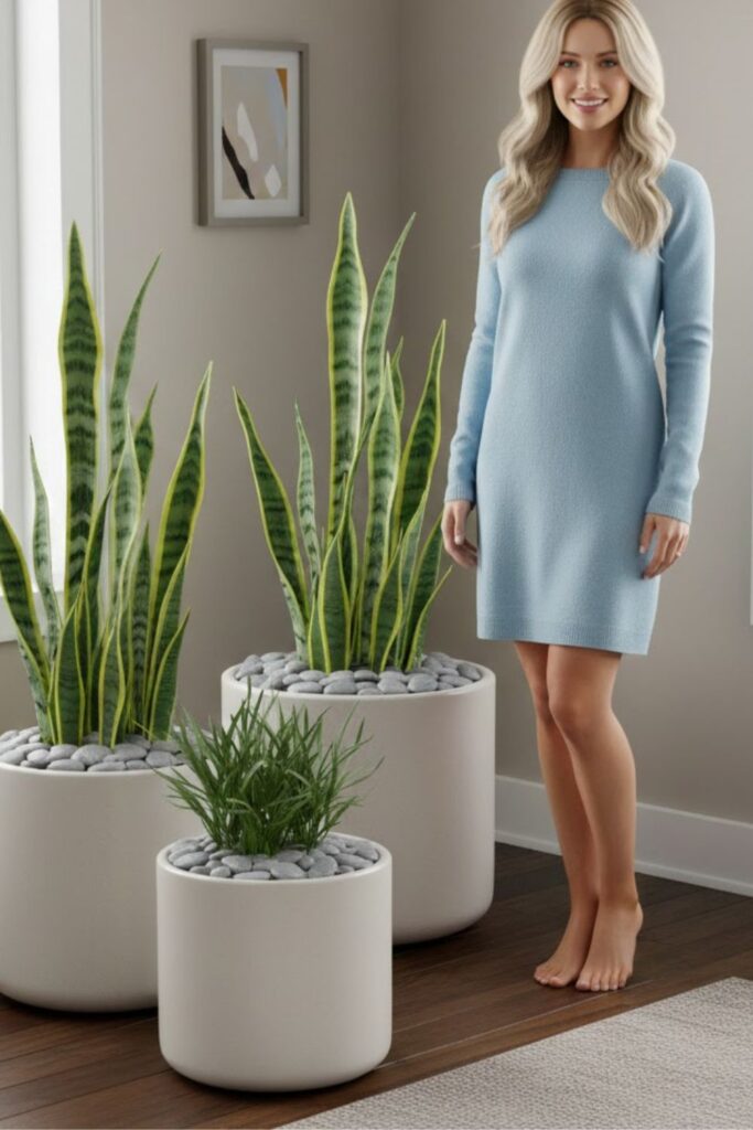 10. Pair Snake Plants with Decorative Pebbles