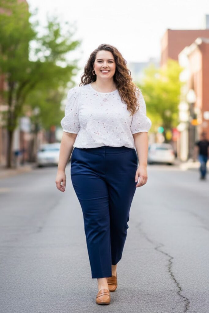 10. Puff Sleeve Top and Cropped Trousers with Loafers