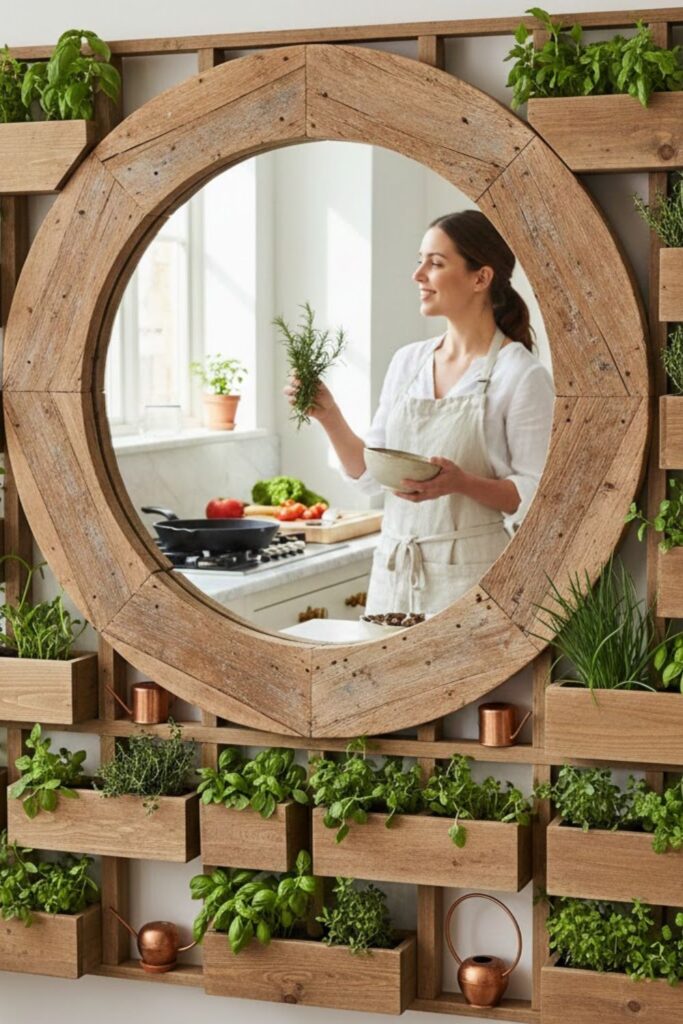 10. Rustic Wood Mirror with Herb Wall