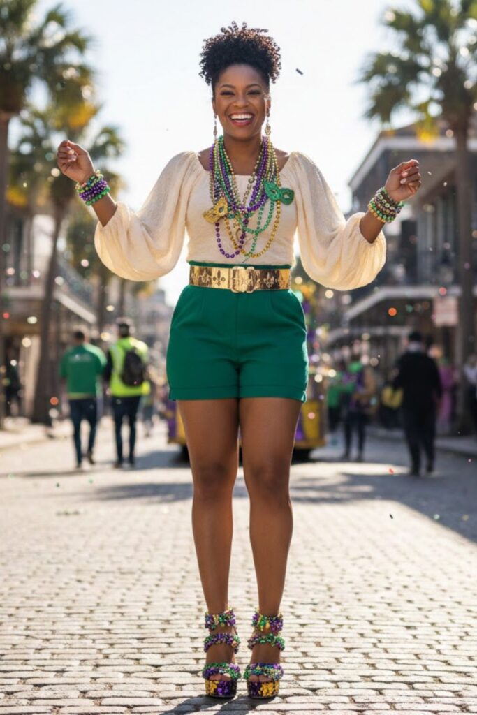 11. Balloon Sleeve Top with High‑Waisted Shorts and Metallic Belt