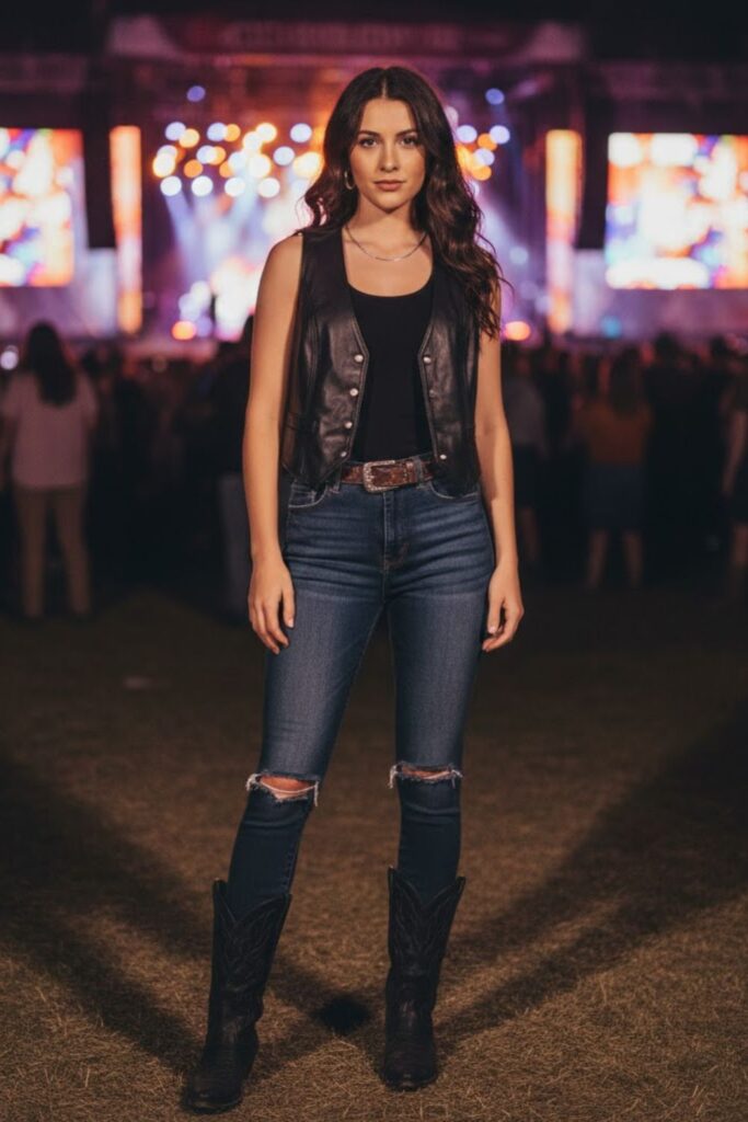11. Black Tank With Leather Vest and Jeans