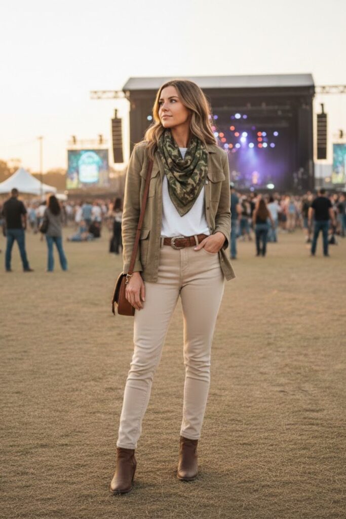 11. Camo Print Scarf and Neutral Layers