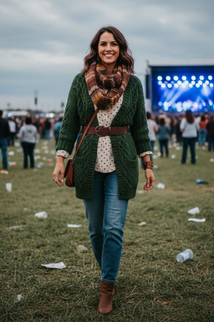 11. Chunky Cardigan with Printed Top and Jeans