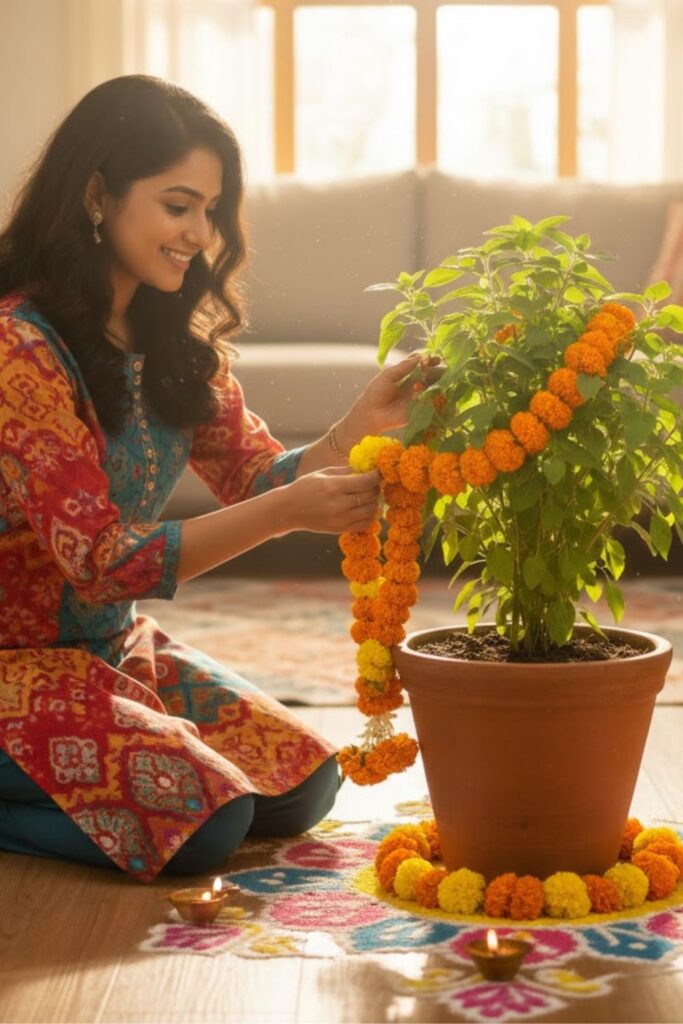 11. Festive Floral Tulsi Decor