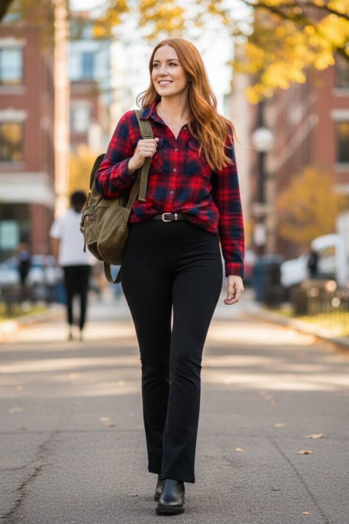 11. Flare Leggings with Plaid Shirt and Chelsea Boots