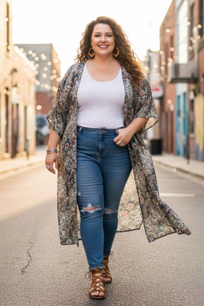 11. Flowy Kimono with Tank and Distressed Jeans