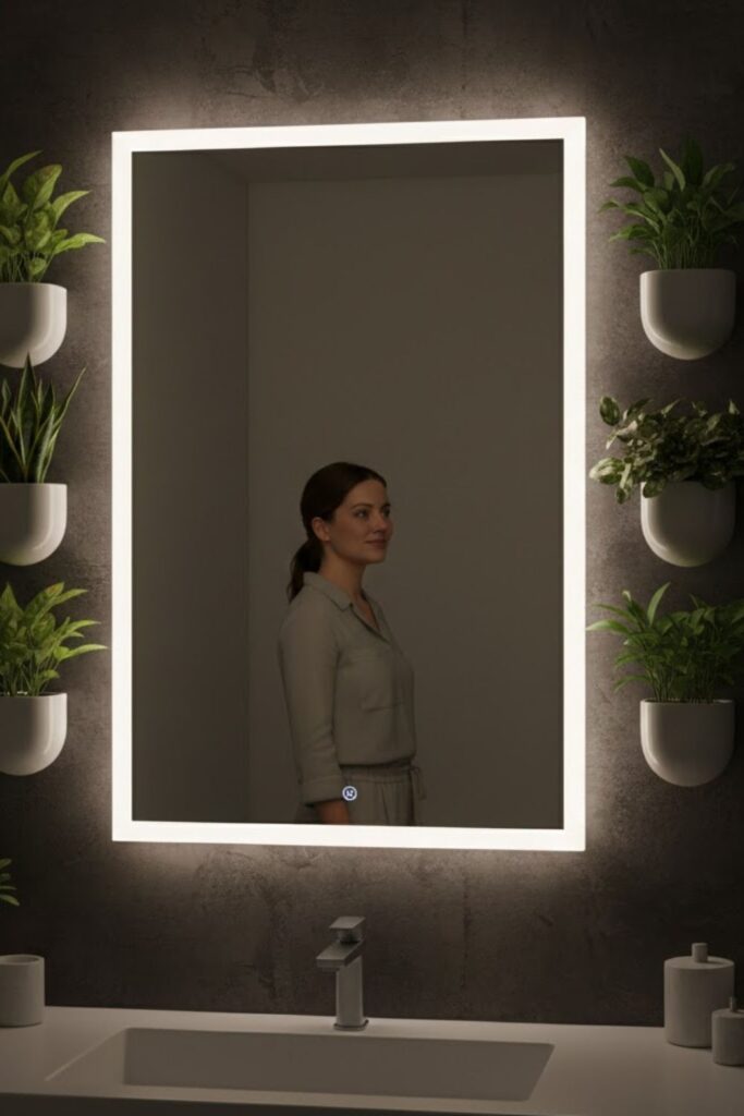 11. LED Backlit Mirror with Accent Plants