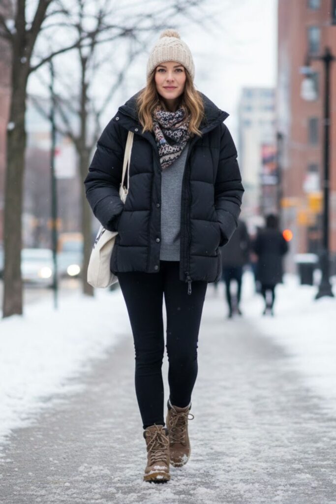 11. Leggings with Puffer Jacket and Lace‑Up Boots