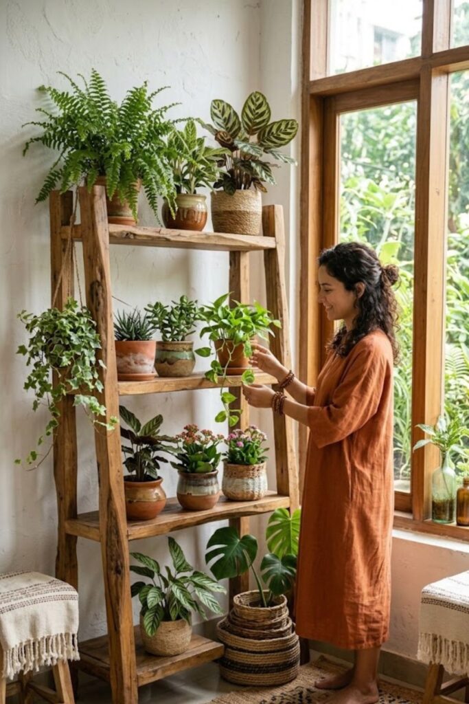 11. Natural Wood Plant Stand with Mixed Greenery