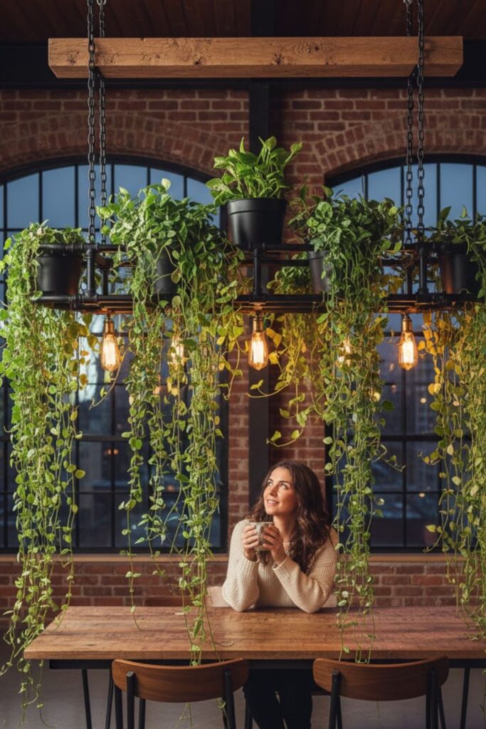 11. Pipe-Fitted Hanging Garden With Edison Bulbs