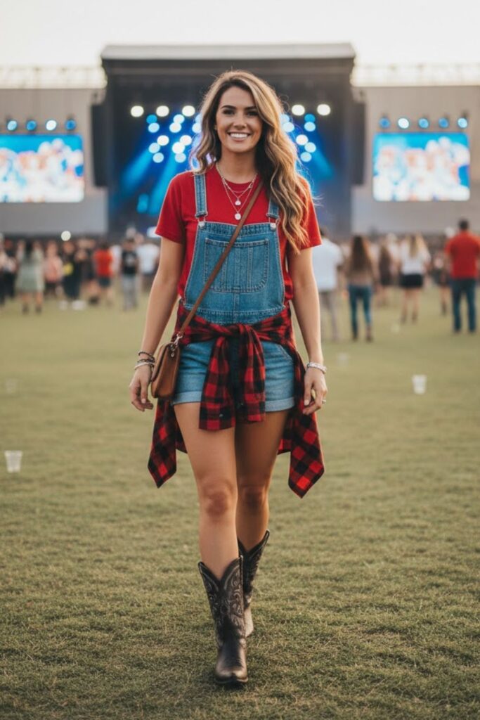11. Red Tee Under Overalls