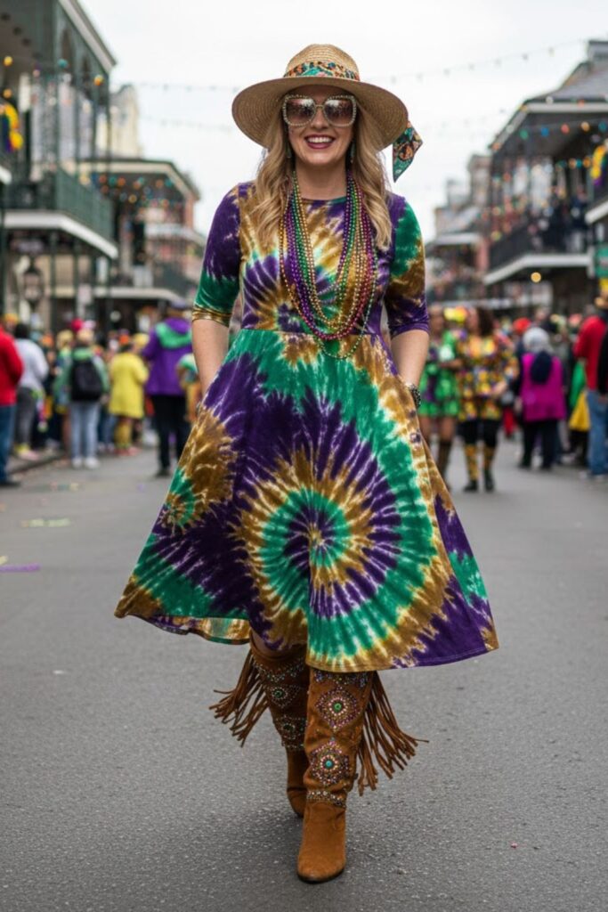11. Tie‑Dye Dress with Fringe Boots and Layered Beads