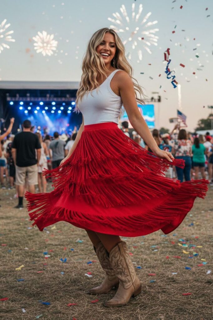11. White Tank and Red Fringe Skirt