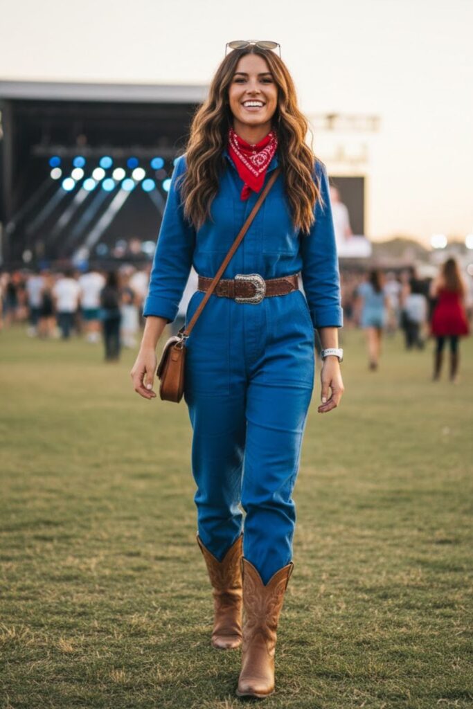 12. Blue Utility Jumpsuit with Leather Belt