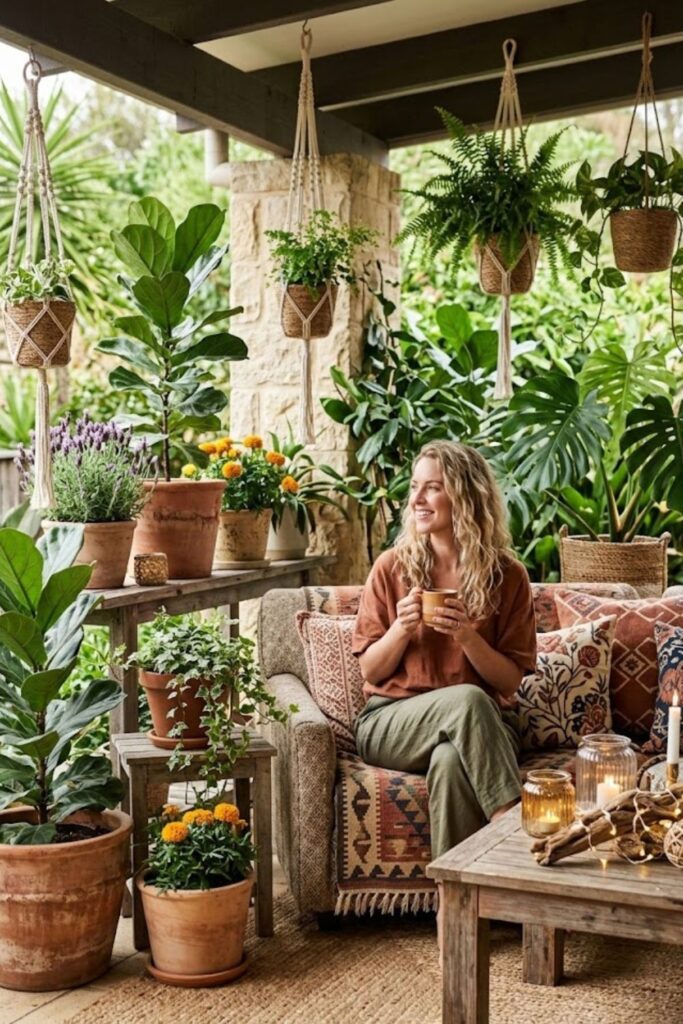12. Boho Outdoor Patio with Potted Plants and Lanterns