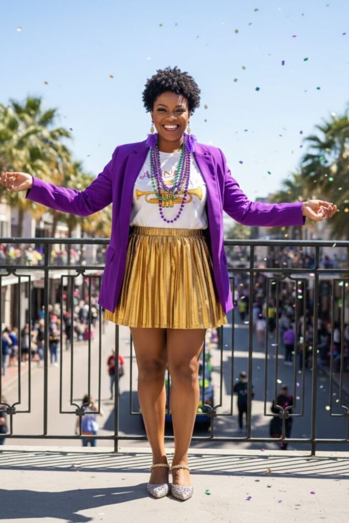 12. Bright Blazer with Graphic Tee and Metallic Skirt