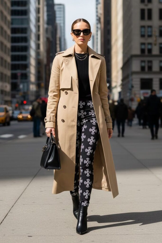 12. Chrome Heart Leggings with Trench Coat