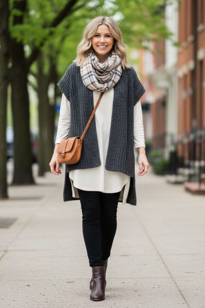 12. Leggings with Oversized T‑Shirt and Knit Vest