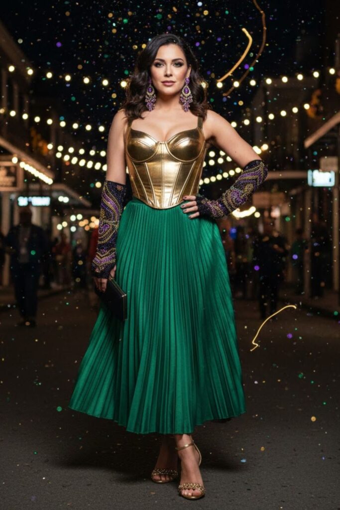 12. Metallic Corset with Pleated Skirt and Beaded Gloves